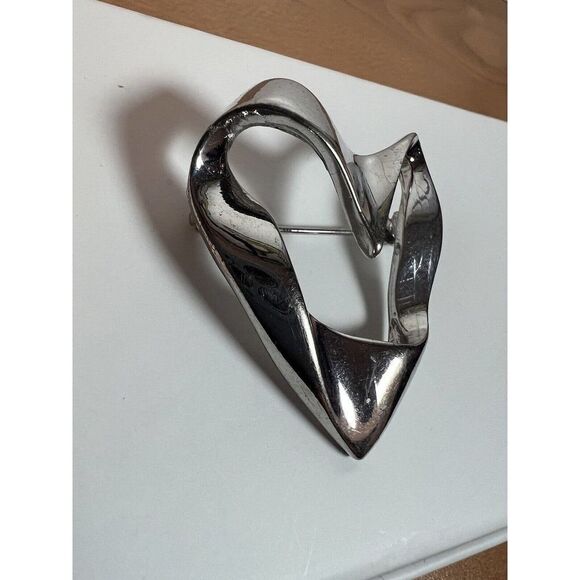 Signed M Jent Abstract Mod Retro Silver Tone Heart Brooch Pin VTG - Picture 3 of 6